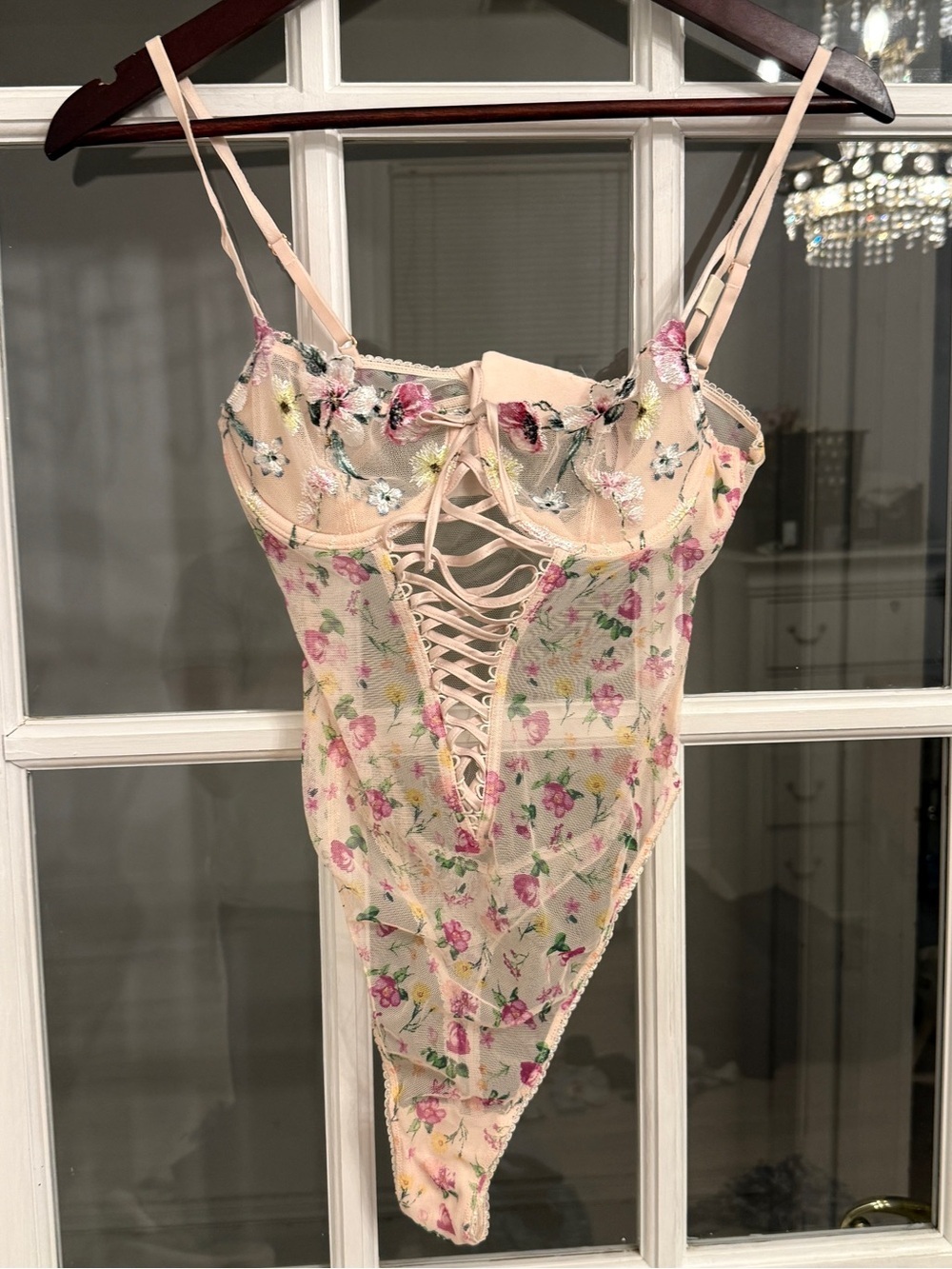 Victoria's Secret Women’s Pink Floral Embroidered Lace-Up Teddy Bodysuit Size S